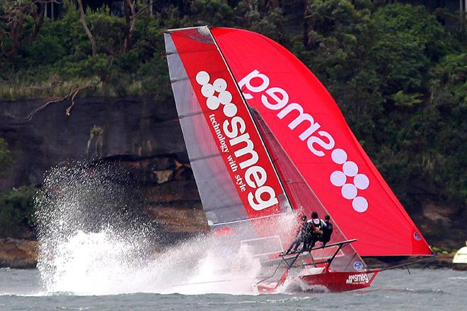 The JJ Giltinan and Australian champion Smeg skiff in action last year © Frank Quealey